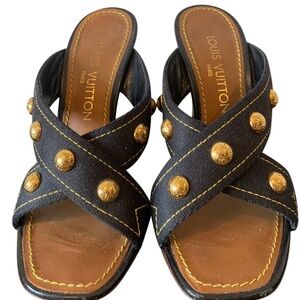 Louis Vuitton Black Canvas Crisscross Stud Slide Sandals with Gold Buttons